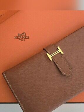 Authentic HERMES Bearn Soufflet Bifold Brown & Gold Iconic "H" Wallet Clutch Set